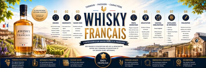 Infographie sur le whisky français présentant les régions de production, les distilleries françaises et les caractéristiques des whiskies élaborés en France